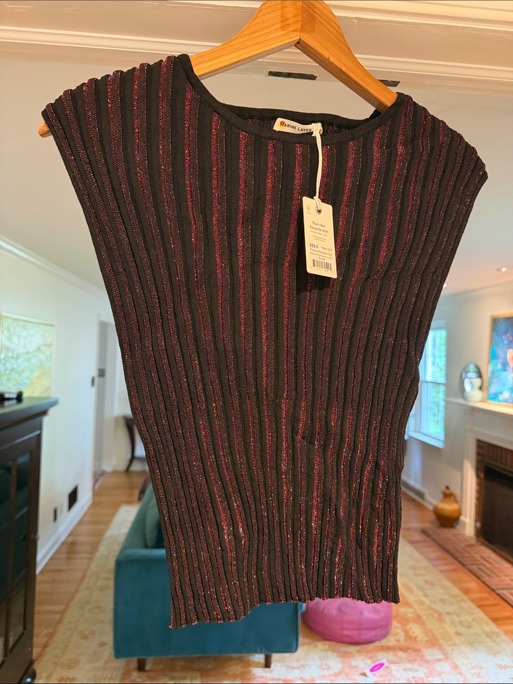 Marine Layer Shimmery Black & Pink Ribbed Knit Top